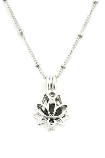 Glory Lotus Flower Silver Essential Oil Diffuser Necklace- 18"-Diffuser Necklace-Destination Oils
