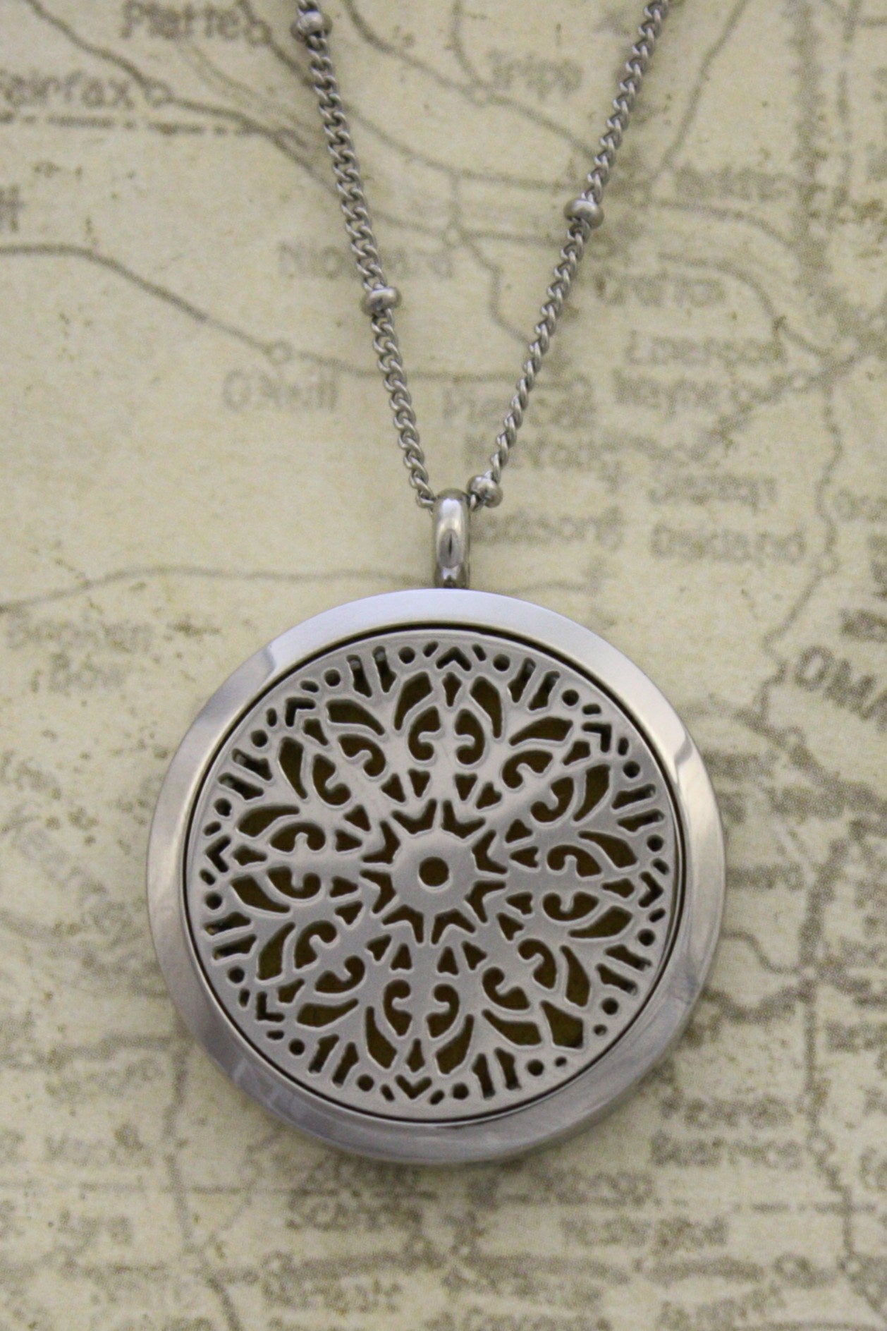Burst Filigree Flower Stainless Steel Essential Oil Diffuser Necklace- 30mm- 20"-Diffuser Necklace-Destination Oils