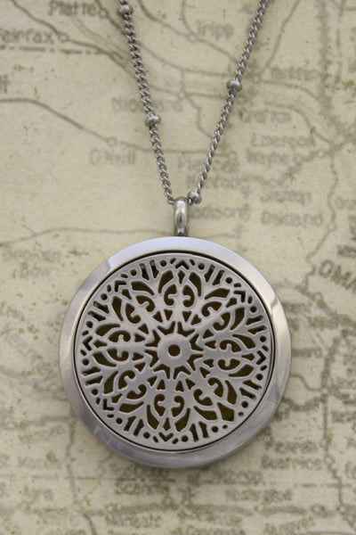 Burst Filigree Flower Stainless Steel Essential Oil Diffuser Necklace- 30mm- 20"-Diffuser Necklace-Destination Oils